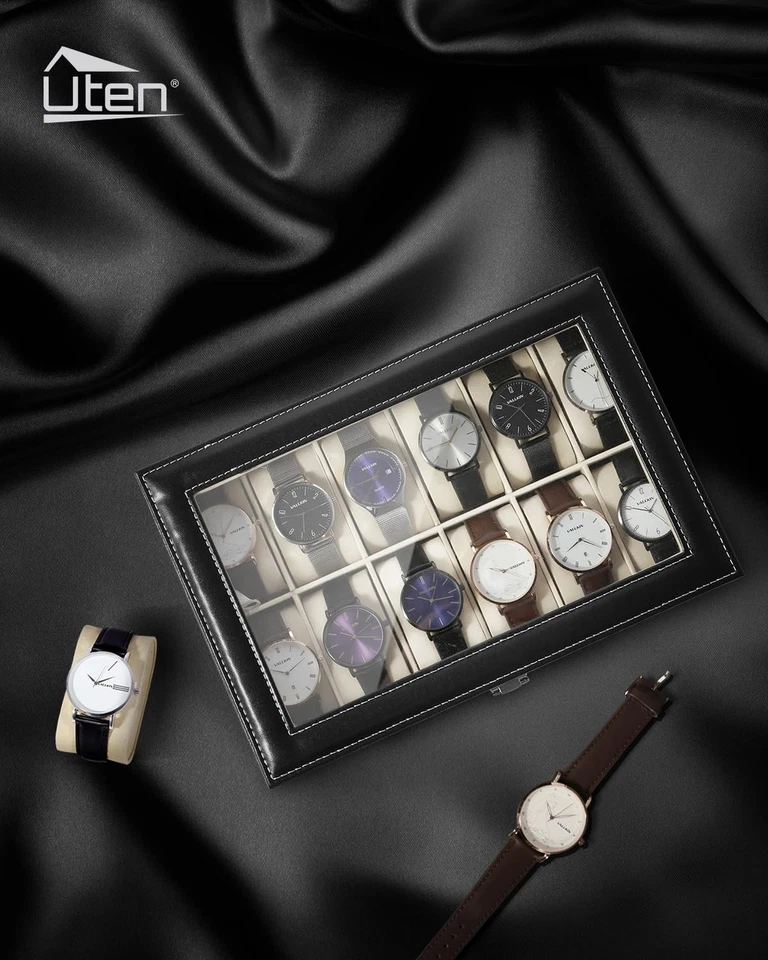 Organizador de relojes Uten - Estuche de PU de 12 ranuras con tapa de cristal, regalo de San Valentín,... Foto 3 de 4