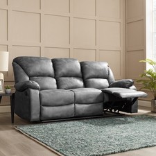 3 Seater Manual Push Back Recliner Dark Grey Faux Leather Comfy Living Room