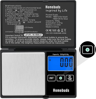 Homebuds 500g Digital Gram Scale High Precision in 0.01g with Level Black 