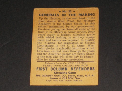 R50 Goudey, 1st Column Defenders, 1940, #13, ¡MUY BONITA TARJETA!!!! USMA West Point - Imagen 2 de 2