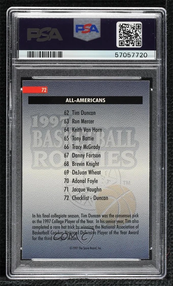 1997 Score Board Rookies Tim Duncan #72 PSA 7 RC HOF - Image 2 of 2