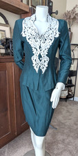 Vintage 80's Scott McClintock 2 Piece Skirt Suit Set Green Lace Size 4