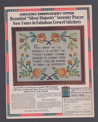 1971 Print Ad  Carlton's Corner Silent Majority Serenity Prayer Embroidery Offer