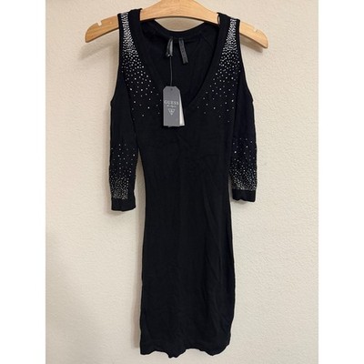NWT Guess Sydney Sparkle Dress Womens XS Jet Black Cold Shoulder Rhinestone