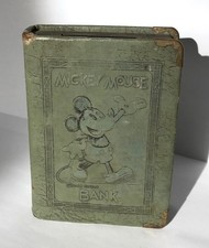 Mickey Mouse book bank by Zell, green, 1930's, original key, good condition