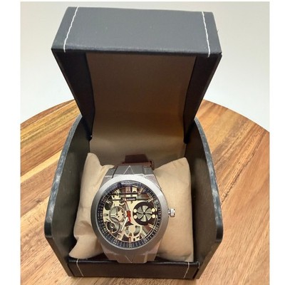 Kanima Skeleton Dial Watch Brown Silicone Strap Silver Geometric Case 0461