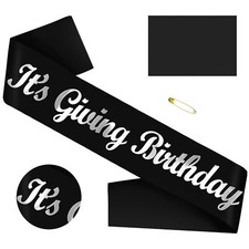 It's Giving Birthday Sash with Silver Foil Fun Black Birthday Sash Decoration...