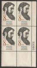 US 1446 Sidney Lanier 8c plate block 4 LR 33360 MNH 1972