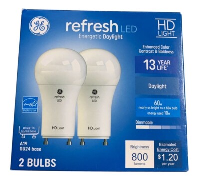 GE Refresh LED Light Bulbs Daylight 60W Equivalent 800 Lumens Dimmable A19 GU24