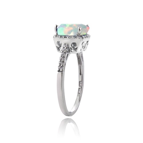 Anillo de halo cortado cojín de ópalo creado en plata esterlina y circonio cúbico - Imagen 2 de 6