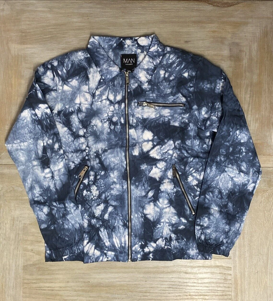 Mens Jacket Harrington Medium Tie Dye Blue Coat Bomber RRP £60 Boohoo Man
