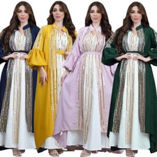 2 Piece Set Women Sequins Muslim Abaya Kaftan Maxi Dress Dubai Arab Party Gown