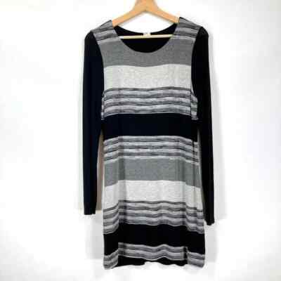 Three Dots Dress Long Sleeve Layered Striped Bodycon Preppy Dark Academia Midi L