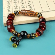 Tibetan Three Eye Nine Eye Dzi Bead Bracelet Natural Agate Amulet for Men Women