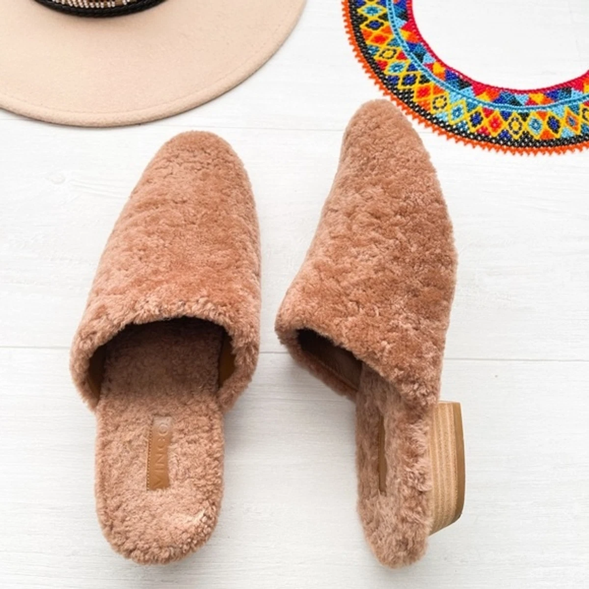 VINCE Gaia Shearling LAMB FUR Mules Slides Shoes BROWN Size US 8.5 EU 38.5