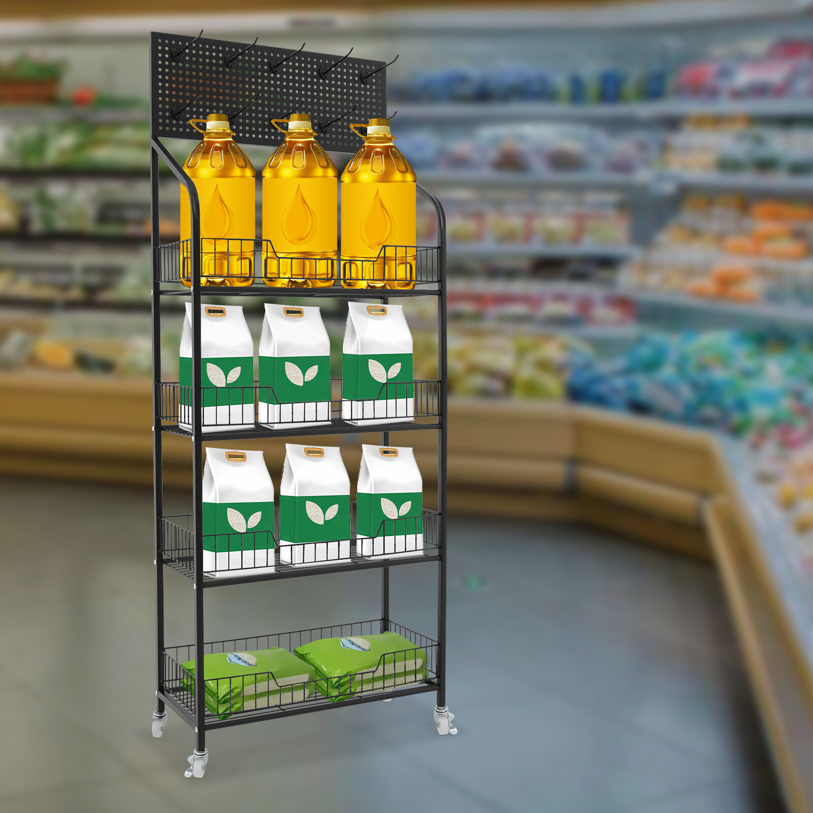 4-Tier Market Floor Display Rack Retail Display Cases Snack Display Rack w/Wheel