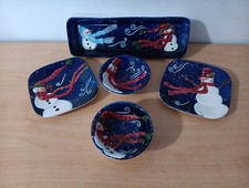 Vintage Lot of 5 Bella Casa By Ganz Blue Snowman Ceramic Christmas Snack Dip Set