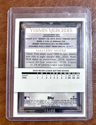 2021 Topps Gallery Yermin Mercedes #17 - SSP Rookie Green Pattern /99 White Sox - Picture 2 of 2