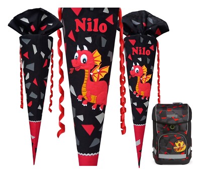 Schultüte Drache, passend zum Ergobag TaekBärdo, für jungen, genäht,Wunschname