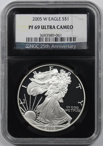 2005-W Silver Eagle PF 69 Ultra Cameo $1 NGC *Black Retro Slab* 25th Anniversary