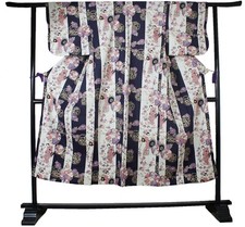 Women's Yukata Robe Japanese Summer Kimono - "GEISHA" Beauty on Stripe Navy