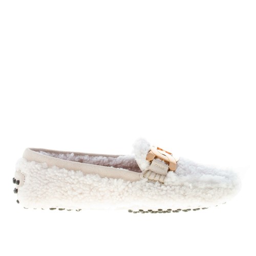 TOD'S Damenschuhe Weiß Shearling Gummi Halbschuh Goldton Metall Kettenschnalle