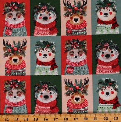 Cotton Christmas Animals Deer Bears Foxes Fabric Print by the Yard D505.72