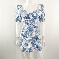 Reformation Mini Dress Size 0 Olympia Floral White Blue Linen Summer