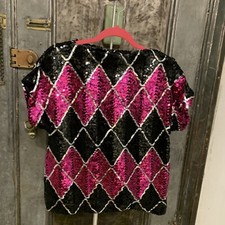 S XS 80s 70s vintage disco sequin short sleeve top pink black silver geometric b