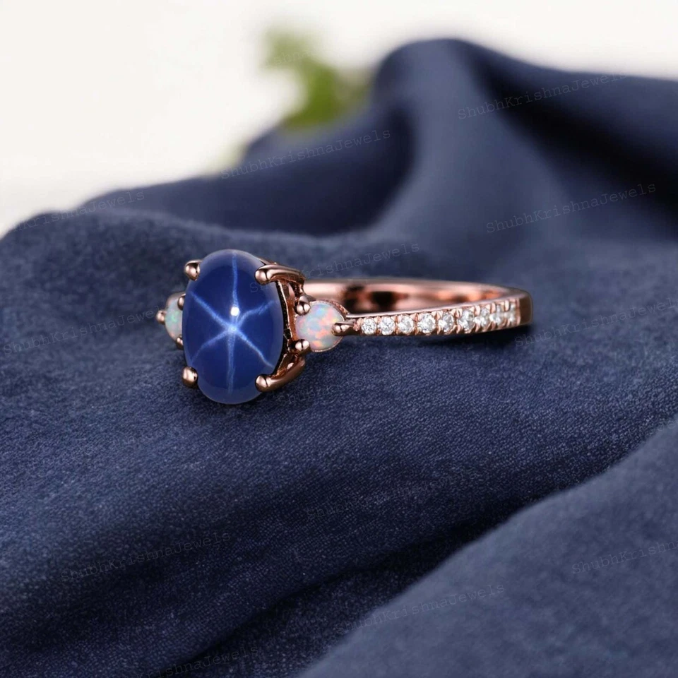 14k Rose Gold  8X6 mm Oval Cut Lab Created Star Sapphire Opal Women Gift Ring - Image 2 of 4