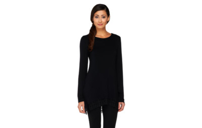 LOGO by Lori Goldstein Knit Top with Lace Trim Smokey Black S