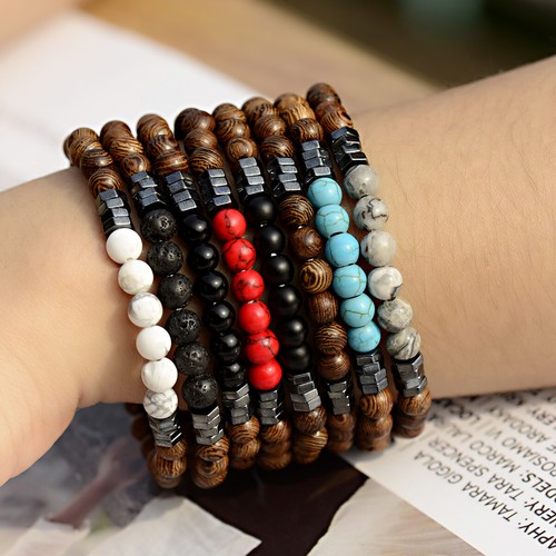 Fashion Handmade Men Bracelet Hematite Natural Stone Wood Unisex Beads Bracelets - Picture 4 of 51