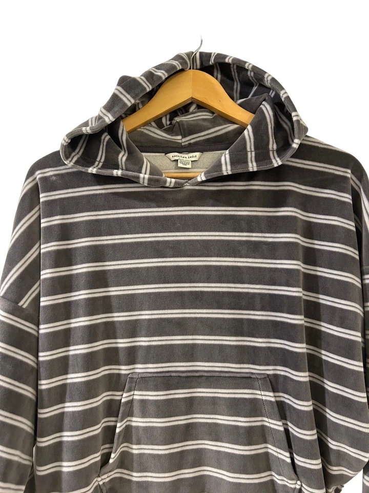 American Eagle Pullover Sudadera con Capucha Terciopelo Rayas Sudadera Gris Blanco XS Foto 4 de 4