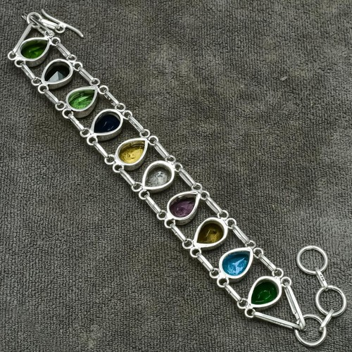 Multi Stone Gemstone 925 Sterling Silver Handmade Jewelry Bracelet 7-8" - Picture 6 of 8