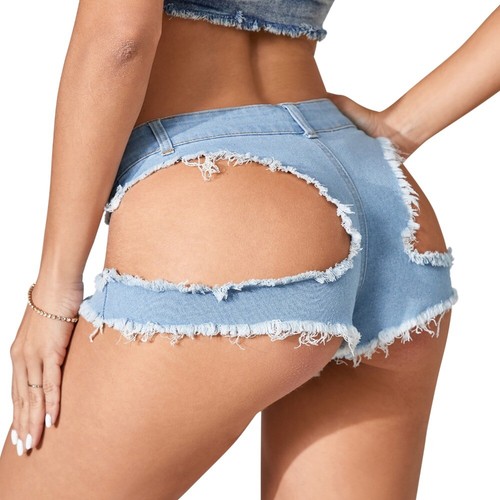 Lady Ripped Denim Shorts Cut Out Booty Stretch Mini Hot Pants Clubwear Sexy Chic - Picture 3 of 9