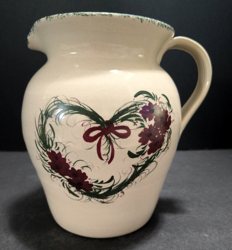 Vtg 1990s Casey Pottery 2.5 Qt Stoneware Pitcher Utensil Holder Heart Wreath 8"