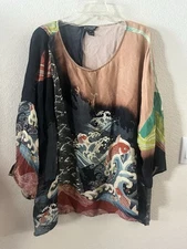 CITRON Santa Monica PLUS Multi KOI Mix Print Pullover Split Back Kimono Tunic 2X