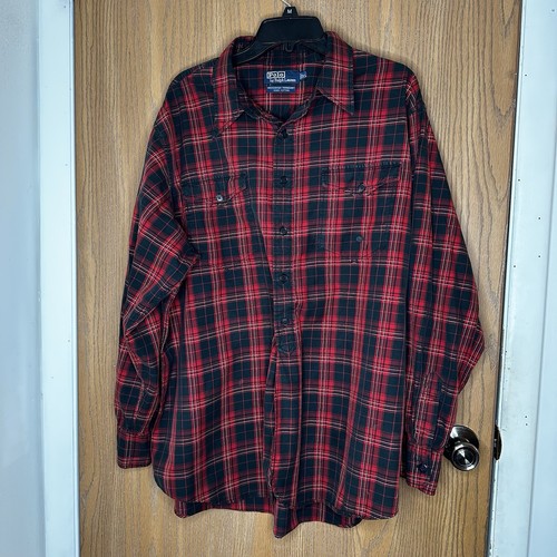 POLO Ralph Lauren Woodsman Work Shirt Red Plaid Sz XL 100% Cotton Flannel