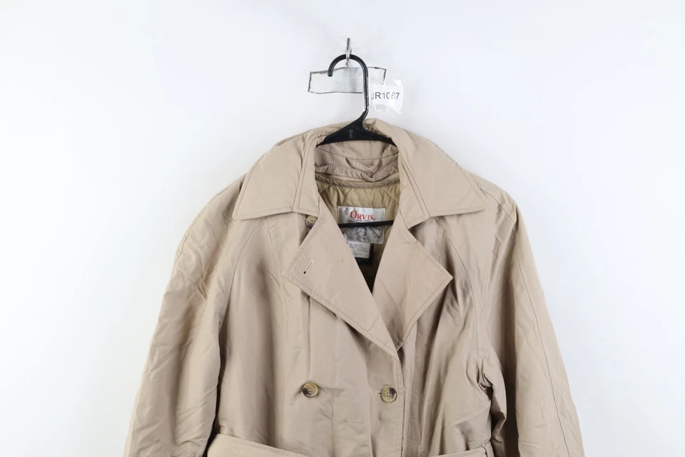 Vintage 70s 80s Orvis Womens 12 Distressed Lined Belted Trench Coat Jacket Beige - Image 2 of 4