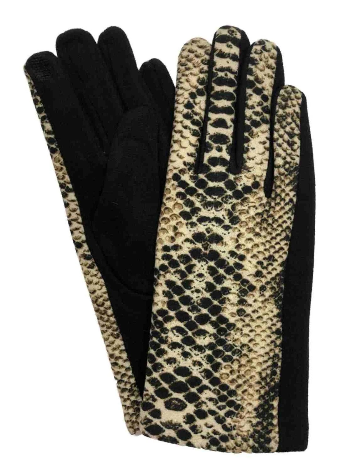 Womens Brown & Black Snake Print Soft Stretch Texting & Tech Touchscreen Gloves