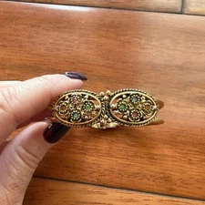 Vtg Emmons Bangle Bracelet Multi Color Crystals Flower GOld Tone Spring Hinge