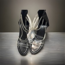 Strappy Block Heel Slip On Black Clear Sandals Women s Synthetic