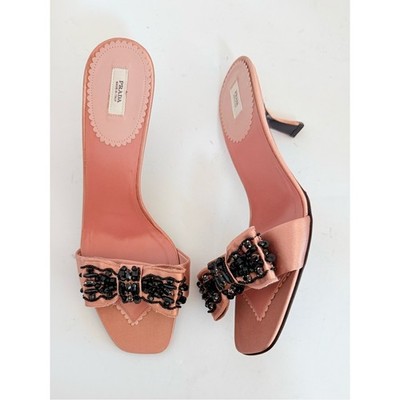 Prada Archive Pink Satin Crystal beaded Embellished bow Mule Heels EU 38