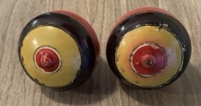 2 Vintage Handmade Lacquered Colorful Wooden Spinning Top Decorative Toys