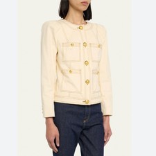 Veronica Beard Ferazia Denim Topstitch Jacket Cream Ecru Gold Buttons, Size 0