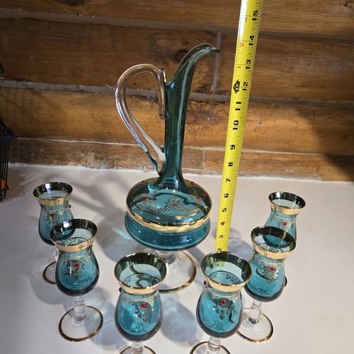 Atemberaubende venezianische italienische Murano blau 24K Gold Karaffe mit 6 gestielten Weingläsern - Bild 14 von 24