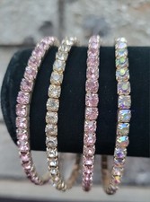 Set of 4 Stretch Rhinestone Bracelets Crystal Silver Tone Stackable Jewelry Pink
