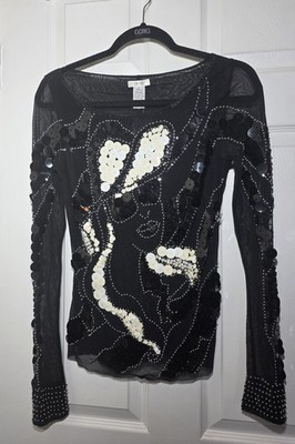 Cache Women s Black Sheer Mesh Sequin Beaded Face Art Top Long Sleeve Size S