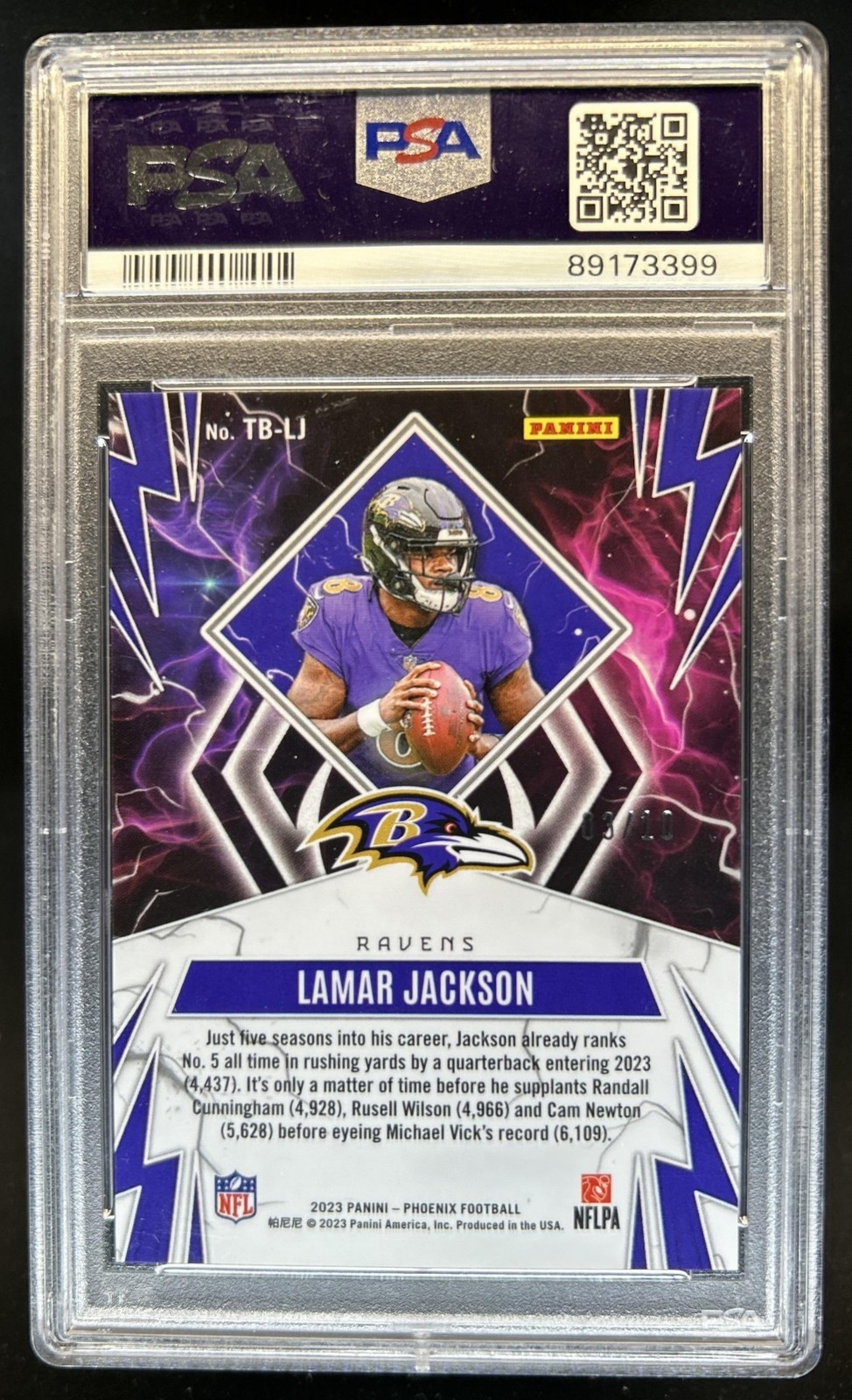 2023 Panini Phoenix Lamar Jackson Thunderbirds Black #/10 Ravens PSA 8 view 2