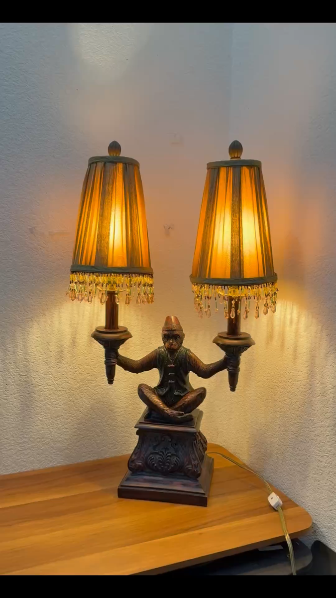Vintage Maitland-Smith Figural Bellhop Monkey Parasol Dual Light